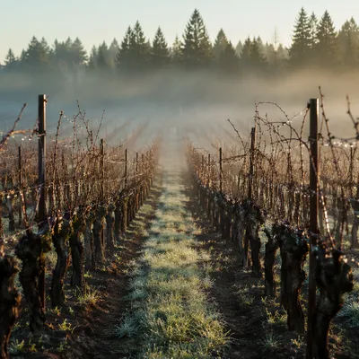 Misty Vineyard Rows at Sunrise