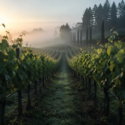 Morning Mist Over Evergreen Vineyard Rows