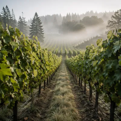 Morning Mist Vineyard Rows with Evergreens