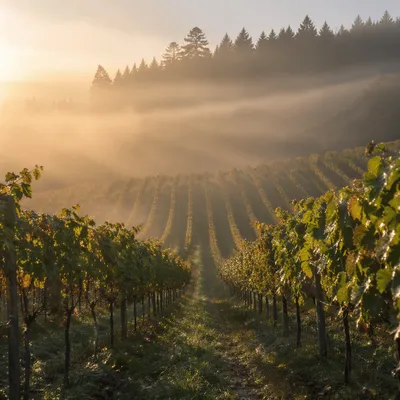 Morning Mist Over Evergreen Vineyard Rows