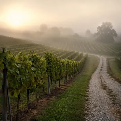 Misty Dawn Vineyard Rows Landscape