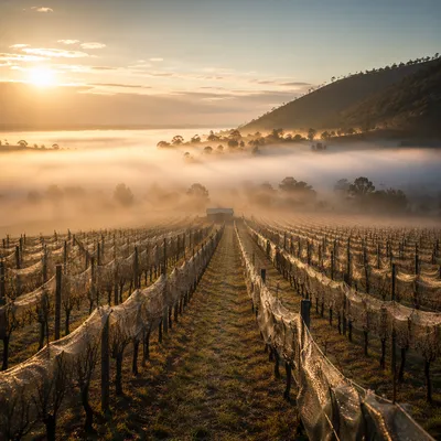 Sunrise Vineyard Rows in Morning Mist
