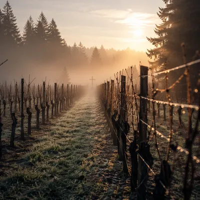 Misty Vineyard Rows Leading to Cross
