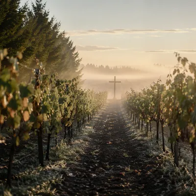 Morning Mist Vineyard Cross at First Light