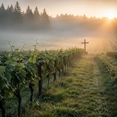 Misty Vineyard Rows with Sunrise Cross