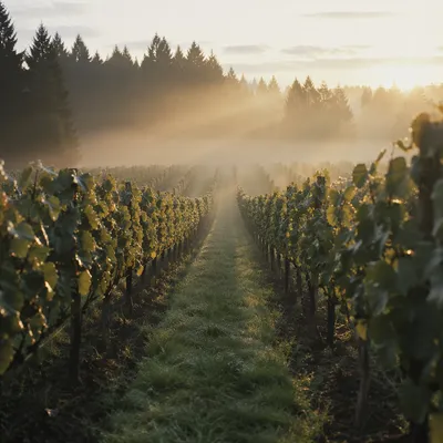 Morning Mist Vineyard Path with Evergreens