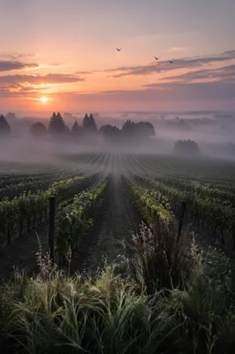 Misty Vineyard Rows at Peaceful Dawn