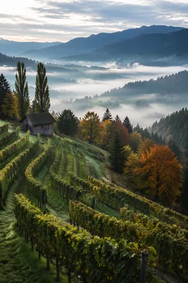 Misty Morning Vineyard on Evergreen Hillside
