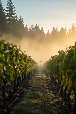 Morning Mist Vineyard with Wooden Cross