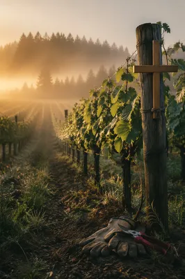 Morning Mist Vineyard with Wooden Cross