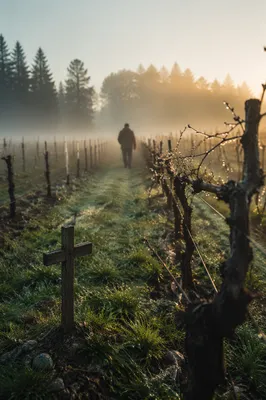 Morning Mist Vineyard with Wooden Cross