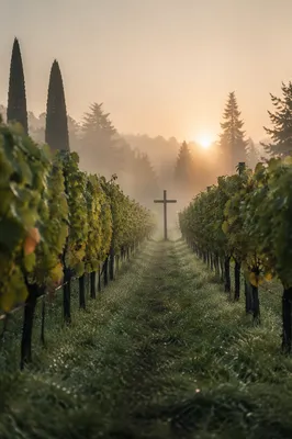 Morning Mist Vineyard Cross Among Evergreens