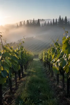 Morning Mist Vineyard Rows at Sunrise