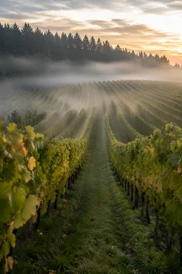 Morning Mist Over Curved Vineyard Rows