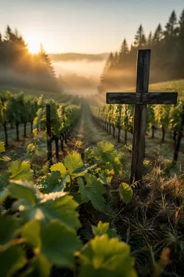 Morning Mist Vineyard Cross at Dawn