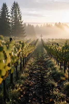 Morning Mist Vineyard with Wooden Cross