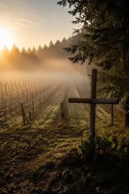 Morning Mist Vineyard Cross at Dawn