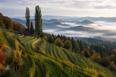 Misty Morning Vineyard on Evergreen Hillside