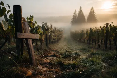 Morning Mist Vineyard with Wooden Cross
