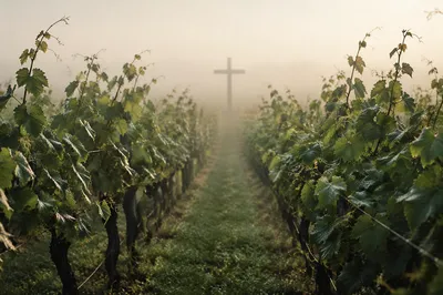 Morning Mist Vineyard with Distant Wooden Cross