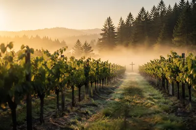 Misty Vineyard Dawn with Wooden Cross