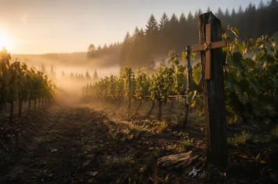 Morning Mist Vineyard with Wooden Cross