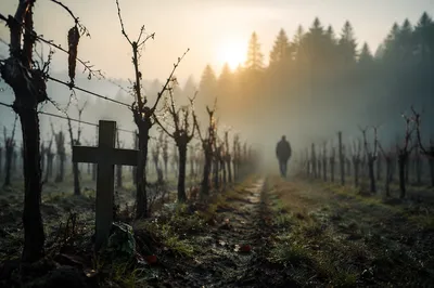 Morning Mist Vineyard Cross and Evergreens
