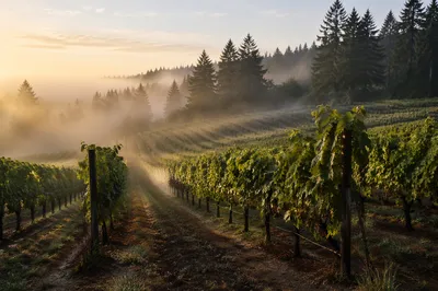 Morning Mist Vineyard Rows with Evergreens