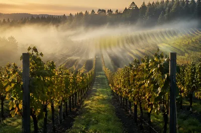 Morning Mist Over Curved Vineyard Rows