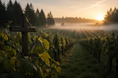 Evergreen Vineyard Cross at Misty Dawn