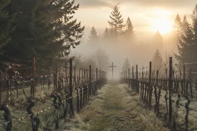 Misty Vineyard Rows Leading to Wooden Cross