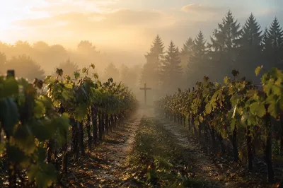 Morning Mist Vineyard with Wooden Cross