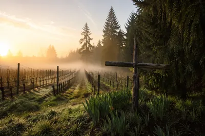 Morning Mist Vineyard Cross at Dawn