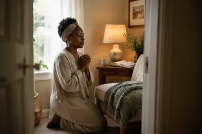 Woman Kneeling in Serene Home Nook