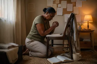 Woman Kneeling in Quiet Prayer Room