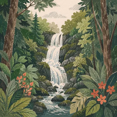 Secluded Waterfall in Evergreen Forest