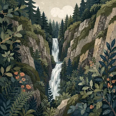 Secluded Evergreen Forest Waterfall Gorge