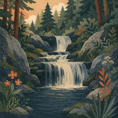 Serene Evergreen Forest Waterfall at Sunset