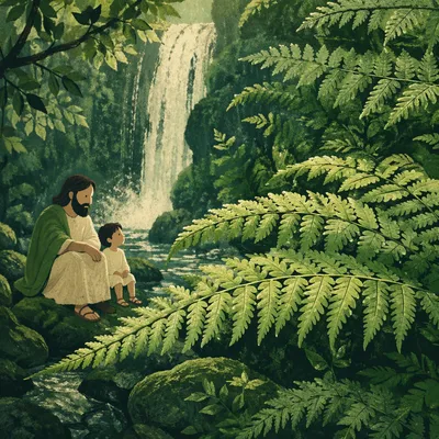 Misty Evergreen Waterfall Behind Fern Fronds