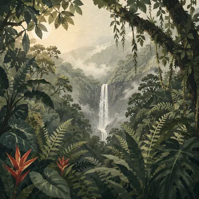 Misty Evergreen Forest Waterfall Sanctuary