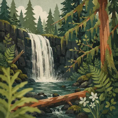 Secluded Evergreen Waterfall in Peaceful Forest