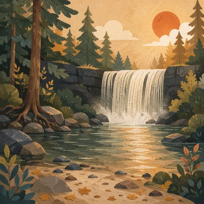 Evergreen Forest Waterfall with Golden Light