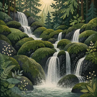 Serene Evergreen Forest Waterfall With Mossy Rocks