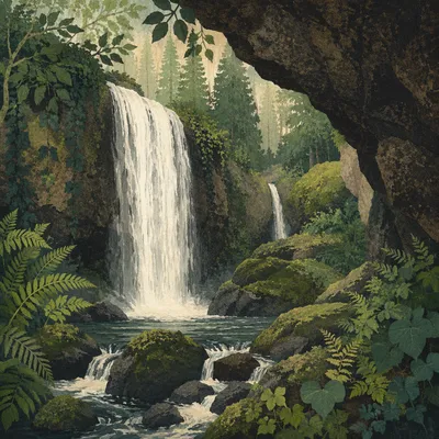 Secluded Evergreen Forest Waterfall Ravine