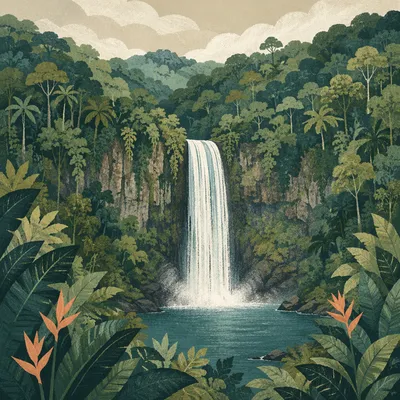 Serene Waterfall in Evergreen Rainforest