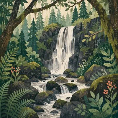 Secluded Waterfall in Lush Evergreen Forest