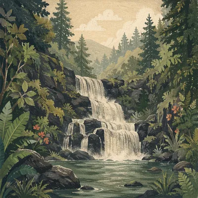 Evergreen Forest Waterfall with Misty Canyon