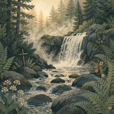 Evergreen Forest Waterfall with Humble Cross