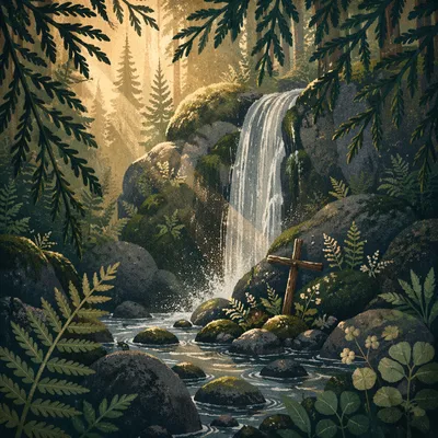 Evergreen Forest Waterfall with Rustic Cross