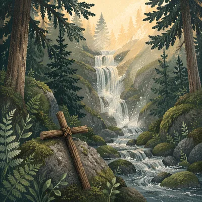 Hidden Forest Waterfall with Wooden Cross